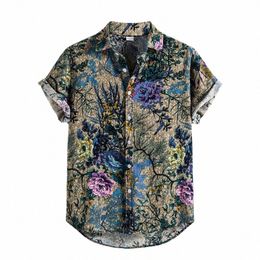 Été Hawaii Beach Style Chemise Hommes Cott Lin Manches courtes Vintage Chemises à imprimé ethnique Hommes Hawaiian Holiday Casual Shirts q38d #