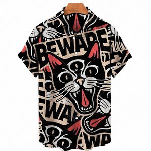 Camisa hawaiana de verano Camisa con estampado animal en 3D para hombre Angry Cat Catal Catal Camiseta estéreo de manga corta Camiseta de gran tamaño T7Ip #