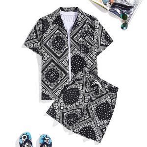 Verano hawaiano dos piezas conjunto camisas para hombres planta flor estampado africano camisa + Pantalones cortos traje Casual ropa de playa 210527