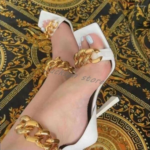 Été High 2024 Sandals Designer Heel Fashion Fashion Zipper Une Line Metal Chain Open Toe Femmes Habills Chaussures Catwals Plus taille 86316