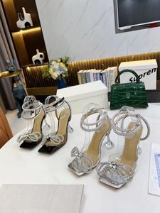 Sandalias de tacón alto de verano Zapatos con lazo Zapatos de cuero Verano Mujer Tacón fino Perla sexy Tela satinada Tacones de dama Diamantes Zapatos para mujer Tamaño grande 35-42 con caja