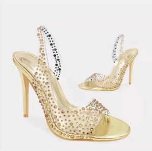 Sandalias de tacón alto de verano, sandalias de tacón alto transparentes con diamantes de imitación a la moda, zapatos de boda plateados con punta para mujer, sandalias antideslizantes doradas.