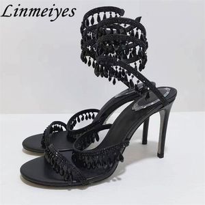 Zomer Hoge Hakken Sandalen Vrouwen Strass String Bead Enkel Snake Twine Rond Bruiloft Schoenen Dame Gladiator Sandalen Vrouw 240312