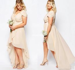 Zomer Hoge Lage Plus Size Bruiloft Bruidsmeisjes Jurken Korte Mouw Champagne Chiffon 2018 Korte Mouwen Maid of Honour Feestjurken Prom Dress