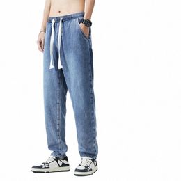Été de haute qualité 100% Lyocell doux jeans pour hommes pantalons minces et amples taille élastique cordon de serrage corée pantalon décontracté mâle s1JC #