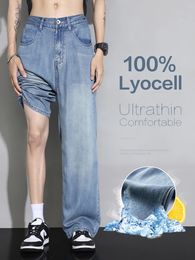 Zomer hoogwaardige gezellige zachte 100%lyocell stoffen jeans heren elastische taille denim broek Korea los rechtblauwe casual broek 240418