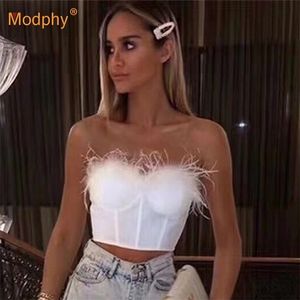 Zomer Hoge Kwaliteit Mode Feather Strapless Zwart en Wit Bandage Top Night Club Short 220316