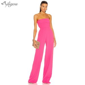 Summer High Quality Women'S Jumpsuit Curb Shoulder Sexy Celebrity Party Rose Red Tube Top Wide Leg 210527