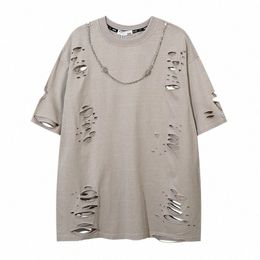 Summer High Street Trous déchirés T-shirt à manches courtes Couleur unie Streetwear surdimensionné Casual Top Tees Summer Harakuju Tees 67Zs #