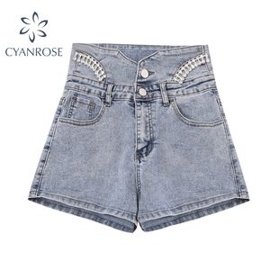 Summer High Taille Appliques Denim Shorts Design irrégulier Jeans Streetwear Ligh Blue Slim Casual Femme 210515