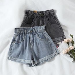 Zomer hoge taille denim shorts vrouwen casual losse dames mode roll -up zoom elastische taille pocket blauw grijze jeans vrouw