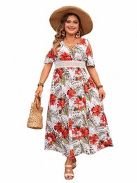 Été taille haute évider Lg Dr col en V à manches courtes imprimé floral Boho plage décontracté Dr Curvy grande taille femmes vêtements 90Vn #