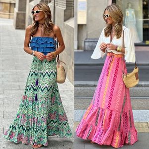 Zomer Hoge taille Lange bloemen A-lijn rok Vrouwen Casual Beach Faldas Vrouw Boho Elastische Holiday Party Maxi Rok 240328