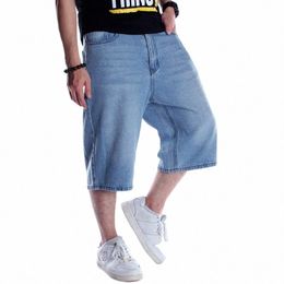Été Hip Hop Short Jeans Hommes Pantalon Droit Plus Taille 46 Mâle Lâche Board Shorts Vintage Streetwear Denim Shorts Bleu Clair S0MU #