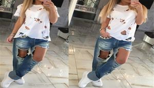 Zomer Gaten T-shirt Vrouwen Mode Sexy Zwart Wit Katoen Korte Mouw Ripped Tops Shirts Casual Losse T-shirt XSL6877505