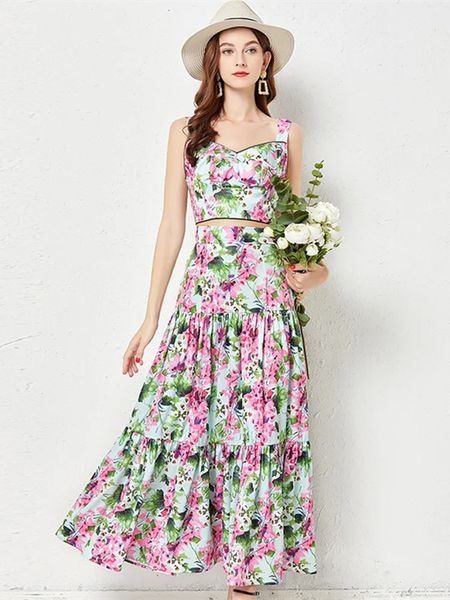 Fêtes d'été Floral Murffon 2 pièces Set Womens Sans manches V Tank Neck Topboho Flower Imprimé maxi jupes Bluebell Suit 240514