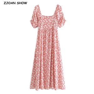 Zomervakantie vierkante kraag bloemenprint maxi lange jurk hippie vrouwen rugknopen korte mouw jurken vrouwelijke vestidos 210429
