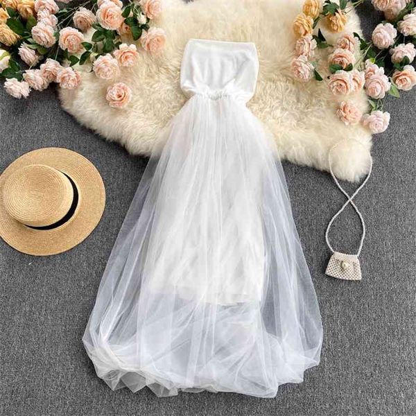 Summer Holiday Style Fashion Net Gauze Puffy Vestidos Feminine Tube Top Midi Dress GL052 210506