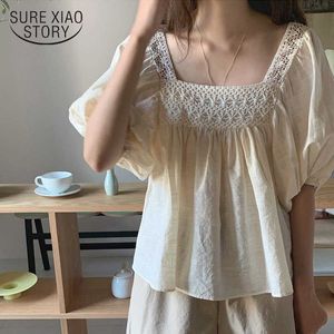 Verano hueco crochet burbuja manga cuadrado cuello muñeca camisa coreana suelta albaricoque top talla grande mujer blusa mujer 14060 210528