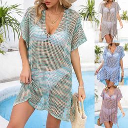 Summer Hollow Out Knit Swimsuit Fashion Sexy V Neck DrawString Cabinet Up Femme's Beach Shirt Female Pareo Bathing Trots