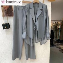 Sommer Hohl Sonnenschutz Chiffon Hemd Blazer Breite Bein Hosen Zwei Stück Set Elegante Damen Büro Outfits 240110