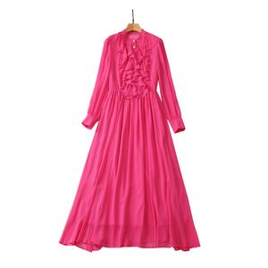 Zomer Hot Pink Ruffle Chiffon Jurk Effen Kleur Lange Mouwen Stand Kraag Knoppen Midi Casual Jurken A3A101513