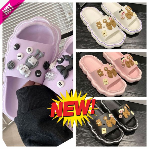 Zapatillas de Graffiti de dibujos animados de suela suave para mujer, superventas de verano, sandalias informales de playa para mujer, zapatos informales de playa, osito blanco, morado y rosa