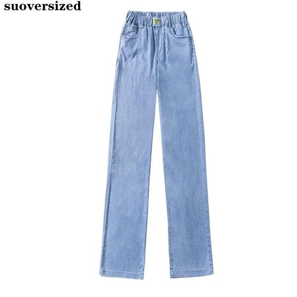 Été glace soie jambe droite pantalon femmes pantalons élastique taille haute pantalon décontracté mince tuyau bleu Capris Streetwear