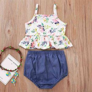 Verano infantil mamelucos ropa correa impresión floral tops azul pantalones cortos sólidos lindas niñas 2 PCS Conjuntos Traje de bebé 1-5T 210629