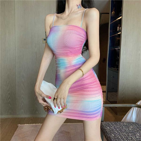 Summer Ins Femmes Robe Tie-Dye Mesh Spaghetti Strap Sexy Mode Casual Harajuku Slim Mini Punk Plus Taille Femme 210608