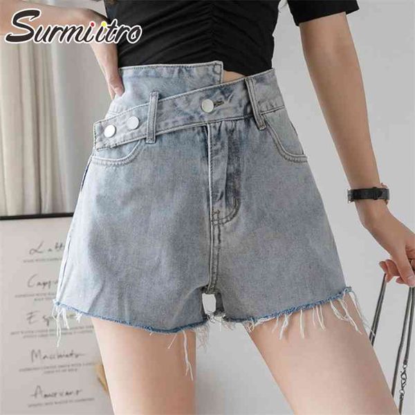 Été irrégulière bleu denim shorts femmes style coréen ins mode taille haute jeans femme pantalon court 210421