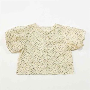 Zomer Japans en Koreaanse stijl Floral Shirt voor meisje bladerdeeg Korte Top Kinderkleding Blouses Shirts 210528