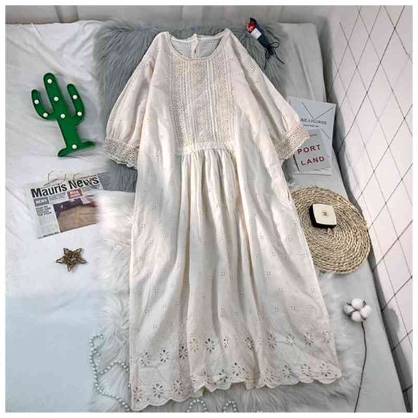 Verano estilo japonés algodón gancho flor encaje bordado vestido color sólido algodón vestido femenino 210331