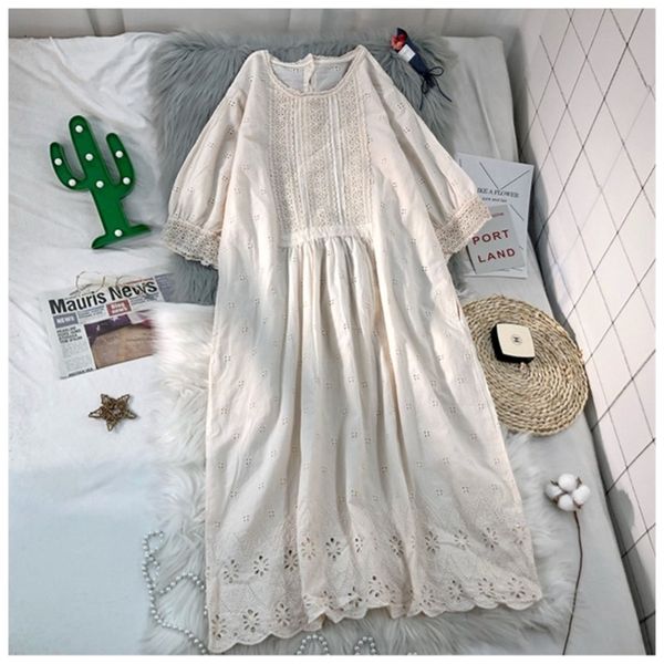 Verano estilo japonés algodón gancho flor encaje bordado vestido color sólido algodón vestido femenino 210302
