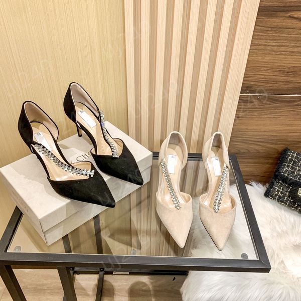 Summer JC Dress Chaussures Femme Sandale Luxury Designer High Heels Mariage Pêne de mariage Pumps Pointy Toe Crystal Strap Sexy Talon Taille 34-40