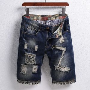 Jeans d'été pour hommes flip short denim usé patch trou vintage jeune design mode ruine plus pantalon de taille 240412