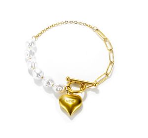 Bijoux d'été Blanc Perle Bracelet Femmes Filles Simple En Acier Inoxydable Amour Coeur Charmes Bracelet Amis Gifts.mother gifts.wife cadeaux