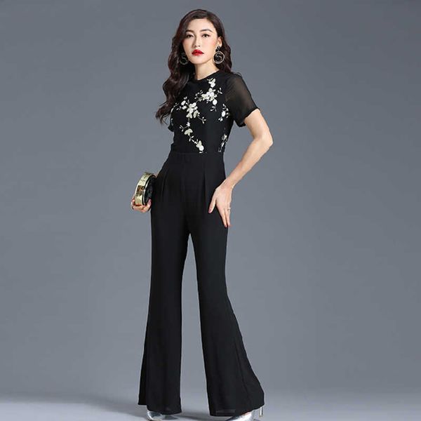 Jumpsuit de verano para mujeres de alta calle gasa floral elegante fiesta de noche negro blasgar chismeros más tamaño 2xl 3xl 4xl 210625