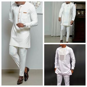 Caftan d'été 2 pièces ensembles costume pour hommes bouton col rond poches haut à manches longues et pantalon de mariage style ethnique tenue vêtements 240104