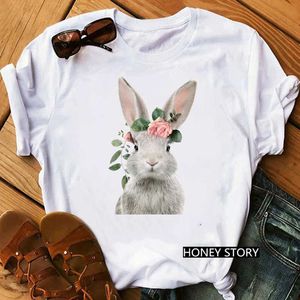 Été Kawaii dessin animé fleur lapin imprimé Animal femmes à manches courtes décontracté coton T-shirt filles Harajuku Style mode t-shirts X0527