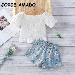 Été enfant fille 2 pièces ensembles T-shirt blanc + short à fleurs Style doux enfant en bas âge tenues enfants vêtements E237 210610