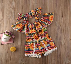 Été Enfants Bébé Filles Tissu Floral Tournesol Bohême Boho Sling Bangage Sans Manches Combinaison Barboteuse Vêtements Tenues Combishort3909635