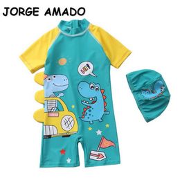 Zomer kids jongens badmode cartoon dinosaurus badpak met cap kinderen schattige stijl kleding E8017 210610