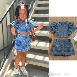 Zomer kinderkleding meisjes tweedelige denim tops en gelaagde rok set gewassen jeans straatstijl peuter kinderkleding sets