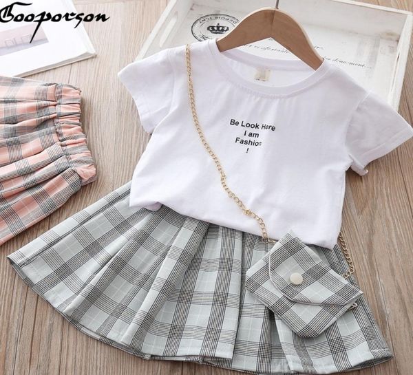 Ropa de verano para niños, camisa con letras, falda a cuadros con bolso, conjunto de ropa para niñas pequeñas, moda coreana, trajes para niñas pequeñas 2103096247125