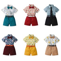 Été enfants vêtements survêtement nœud imprimé à manches courtes coton chemise Cardigan Shorts décontracté mode deux pièces ensemble avec ceinture