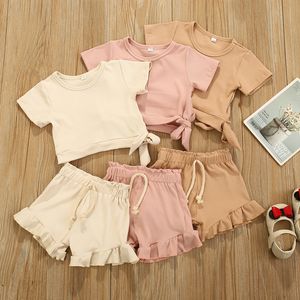 Summer kids Clothing Sets Baby Girls Round collar shirt Bowknot Cotton Tops+Lace shorts 2pcs/set ZYY897