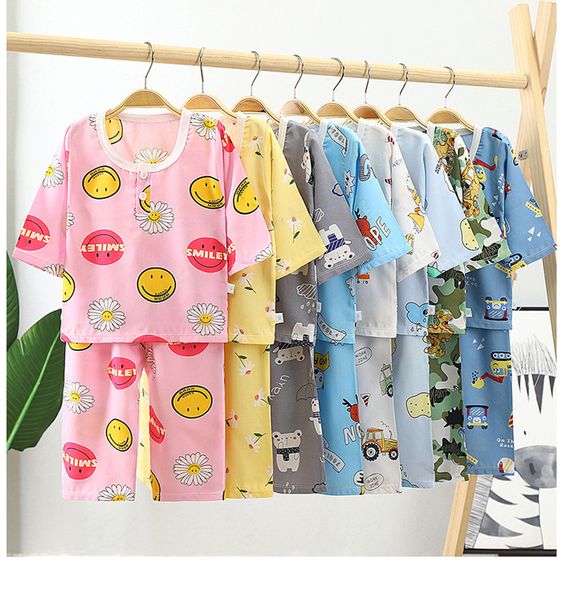 Conjunto de pijamas bonitos de verano para niños, ropa de dormir Unisex de popelina de algodón de cartón fino, ropa de dormir para niñas, pijamas para niño, Top corto + pantalón