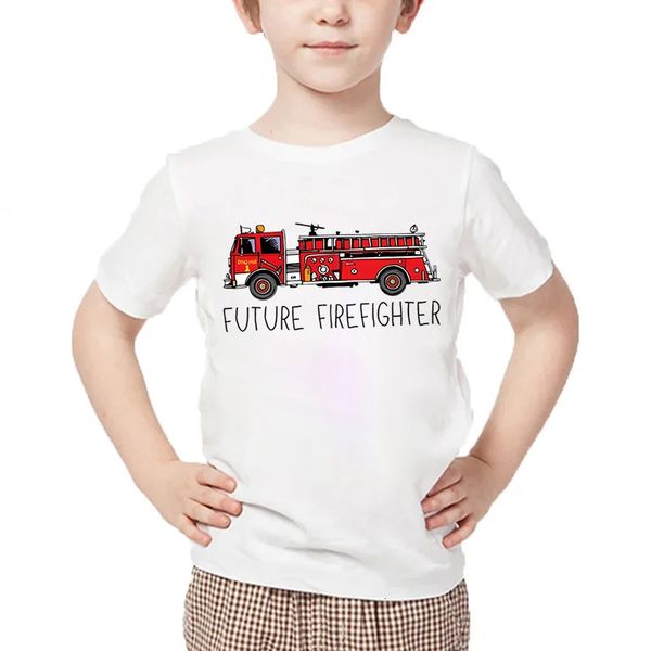 Été enfants futur pompier imprimé t-shirt style de bande dessinée décontracté garçons hauts chemise pompier conception fille enfants voiture t-shirts 240307