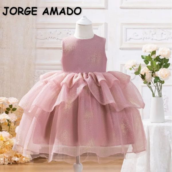 Été enfants fille robe de soirée Lotus rose anniversaire sans manches gilet jupe enfants maille couches gâteau princesse robes H39006 240301